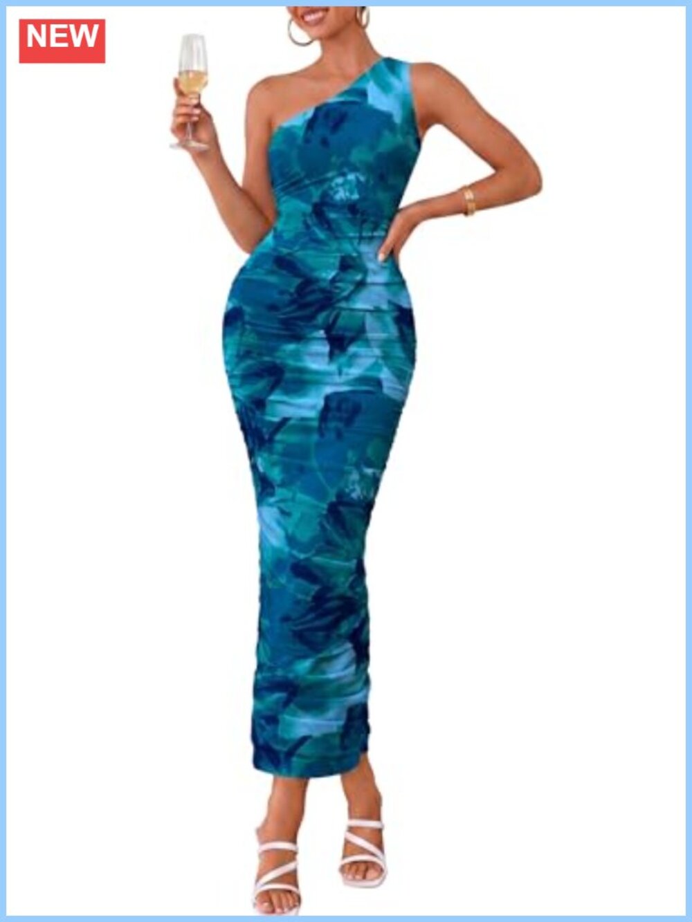 One Shoulder Maxi Dress Ruched Printed Mesh Bodycon Formal